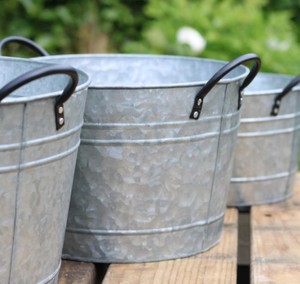 Rustic Metal <b>Planters</b> Round Galvanized Buckets With Black Handles Outdoor Garden Decorative Containers Set of Three - Product Image 3