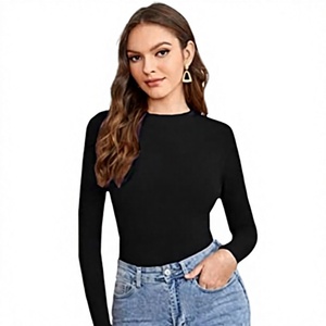 T-shirt tricoté noir à manches longues et col rond pour femme, coupe ajustée, couleur unie, respirant, décontracté - Product Image 4