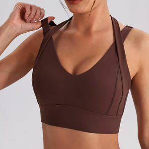 Women's Seamless V-<b>Neck</b> <b>Halter</b> Brassiere High Support Wire-Free Crisscross Straps Yoga Wear Print Front Logo Spandex Nylon - Product Image 5