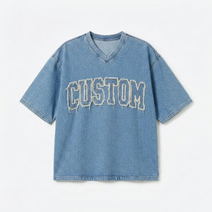 T-shirt surdimensionné à col en V pour hommes, vintage, bleu, en coton chenille, avec lettres, style streetwear, vêtements streetwear surdimensionnés - Product Image 2