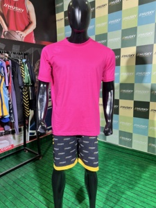 T-shirt en tricot à manches courtes pour homme, rose, col rond, coupe classique, couleur unie, style décontracté, logo sur le devant, séchage rapide - Product Image 5