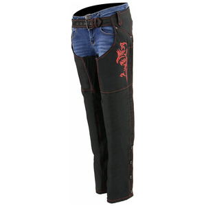 Chaps de moto pour femmes avec broderie rouge, en cuir noir, personnalisables, conception respirante sans couture pour toutes les saisons - Product Image 2