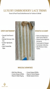 งานปักลายลูกไม้ขอบผ้าประดับคริสตัลติดแน่นด้วยมือ สำหรับผ้าซารี ผ้าดูปัตตา และชุดพิธีกรรมแบบดั้งเดิม - Product Image 6