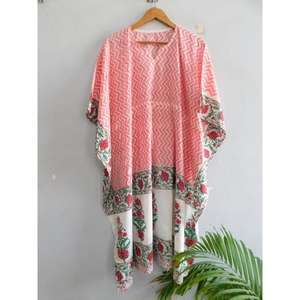 Vestido Kaftán de Algodón con Estampado de Bloques, Cuello en V, Manga Murciélago, Corte Ajustado y Evase, Hecho a Mano, Estilo Boho, Túnica Holgada para la Playa, Atuendo de Verano para Vacaciones - Product Image 3