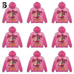 Sudadera con Capucha Personalizada para Hombre, Color Rosa, Lavado Ácido, con Pedrería, 450GSM, Estilo Urbano Y2K, Estampado Gráfico de Dibujos Animados, Corte Holgado - Product Image 5