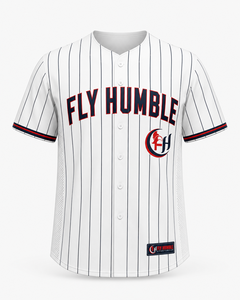 เสื้อเบสบอล Fly Humble สีขาวลายเส้น แขนยาว คอวี ผ้าตาข่ายระบายอากาศ สำหรับผู้ชาย ชุดกีฬา ป้องกันแบคทีเรีย โพลีเอสเตอร์ 100% - Product Image 1