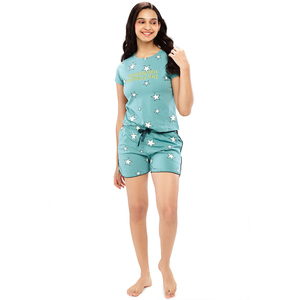 Conjunto de Pijama de 2 Piezas para Mujer, Estampado de Estrellas, Tejido Ecológico de Poliéster, Top de Manga Corta, Pantalones Cortos, Cuello Redondo, Casual, Primavera/Verano - Product Image 2