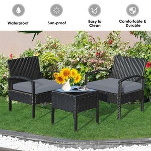 Conjunto de Muebles de Jardín de Ratán para Patio, 3 Piezas, Duradero, de PE, con Cojines para Asientos - Product Image 3