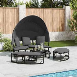 Grand lit de repos d'extérieur en rotin PE noir avec auvent et pergola en acier thermolaqué - Product Image 3
