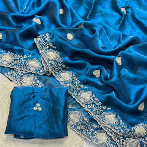 Elegante Saree de Seda Suave Azul Pavo Real con Bordado Zardosi Plateado |   Sari indio para mujer, ropa étnica para bodas y fiestas - Product Image 2