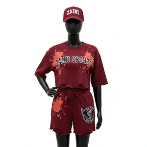 Conjunto de Top Corto y Pantalones Cortos para Mujer, Felpa de Algodón Grueso de 280 GSM, Color Granate Suave, Estampado Desgastado, Logotipo Bordado - Product Image 1