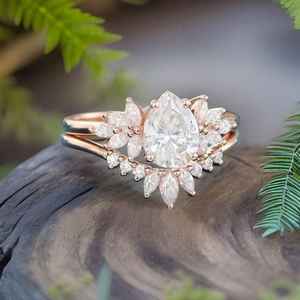 Pear Shaped Moissanite Engagement Ring Set Vintage 925 14K Rose <b>Gold</b> Plated Marquise Cluster Curve Ring - Product Image 6