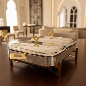 Luxury Arabic Double <b>Pan</b> Rectangular Chafing Dish Twin Compartment Diamond Motif Handle Ramadan Buffet Server Single Unit - Product Image 5