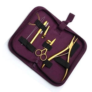 Kit d'outils professionnels pour extensions de cheveux avec pinces métalliques plaquées or, ciseaux, aiguilles, crochets et clips pour l'installation et le retrait - Product Image 4