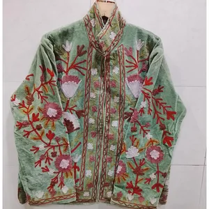 Veste en coton vert pour femmes, brodée au style Suzani, à motifs floraux, bohème, ethnique, faite à la main, vintage, décontractée, vêtement d'extérieur - Product Image 5