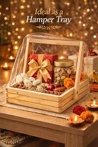Pinewood Hamper Gift Handle <b>Basket</b>, with Decoration Net & <b>Flowers</b>, Festival Gift Hamper, Wooden Gift Hamper <b>Basket</b>. - Product Image 3