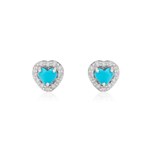 Pendientes de Oro Blanco K14 con Turquesa de Corte Cabujón Minimalista y Diamantes en Forma de Corazón con Halo, Regalo de San Valentín, Joyería al por Mayor - Product Image 1