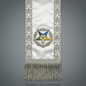 Écharpe maçonnique OES en soie blanche, Ornement de l'Ordre de l'Étoile d'Orient, Broderie à la main en fil d'or, Bordure en compas carré argenté, Régalia personnalisée - Product Image 2