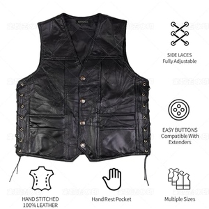 Chaleco de Cuero Vacuno Genuino Personalizado para Motociclistas, Chaleco de Motociclismo con Parches y Cordones Laterales - Product Image 4