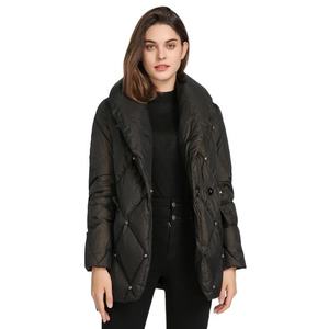 Black Quilted Puffer <b>Jacket</b> Turn-down Collar Button Closure Windproof Winter Coat Regular Fit Unisex Casual Style - Product Image 1