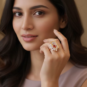 แหวนพลอยทับทิมสีแดงรูปไข่ทรงสวยหรู พร้อมดีไซน์กรอบทองรูปดอกไม้/สี่เหลี่ยม สำหรับเครื่องประดับงานปาร์ตี้ - Product Image 1