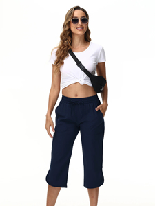 Pantalon large pour femme, couleur unie, longueur mollet, taille à cordon, coupe ample, style décontracté d'été, tissu polyester - Product Image 6
