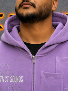 Men's Purple Hooded <b>Zipper</b> <b>Sweatshirt</b> Regular Fit Solid Color Front Logo Design Casual Autumn Wear - Product Image 5