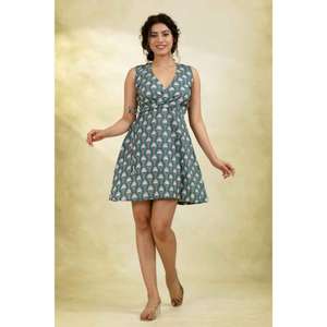 Vestido Mini sin Mangas con Estampado Floral Verde Azulado, Cuello en V, Corte en A, de Algodón, Ligero, Informal, para Mujer - Product Image 1