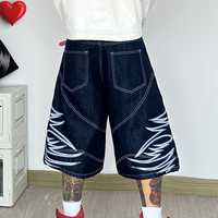 Shorts Bermuda en jean baggy pour homme avec ailes brodées blanches, style streetwear, taille mi-haute, fermeture boutonnée, en toile de coton