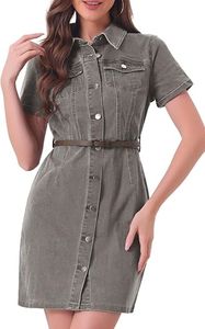 Robe chemise en jean pour femme, boutonnée, col rabattu, manches trois quarts, ceinturée, décontractée, pour tous les jours - Product Image 3