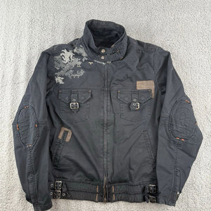 Mens Large Buckle <b>Jacket</b> Black <b>Gothic</b> Rock Buckle Details Cargo High-Neck Collar Graphic Print <b>Jacket</b> - Product Image 1