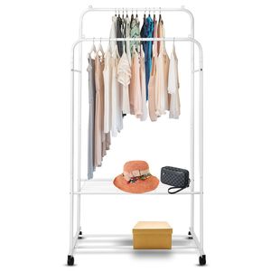 Porte-vêtements à roulettes avec support de présentation pour oreillers, rail de rangement pour chaussures et vêtements - Product Image 1