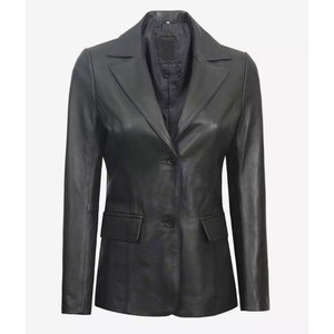 Chaqueta Blazer de Cuero Negro de Dos Botones para Mujer - Cuero de Cordero Auténtico, Corte Entallado, Estilo Casual de Negocios, Ropa de Oficina para Damas - Product Image 3