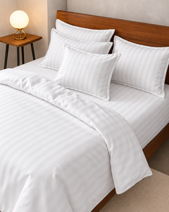 Parure de lit d'hôtel en coton rayé blanc 4 pièces : housse de couette, taies d'oreiller, drap-housse 400TC, respirante, style moderne - Product Image 6