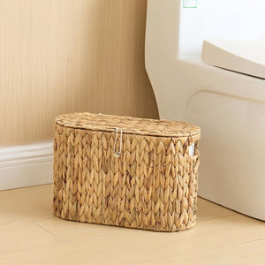 Panier à rouleaux de papier toilette ovale en jacinthe d'eau, support de rangement tressé durable avec couvercle à charnière, organisateur de salle de bain naturel, vente en gros B2B - Product Image 4