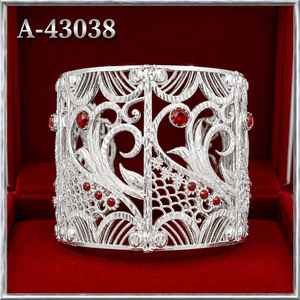 Silver Plated Alloy Cuff <b>Bracelet</b> with <b>Red</b> Crystal Rhinestones Plant Pattern Vintage Style for Women A-43036 - Product Image 3