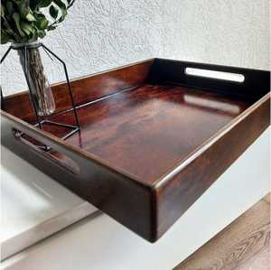 Plateau décoratif rectangulaire en bois avec poignées, style rustique, thème floral, plateau de service artisanal en bois massif - Product Image 4