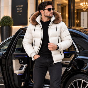 Veste d'été en cuir respirante pour homme avec capuche en fourrure, motif à carreaux, décontractée, grande taille - Product Image 5