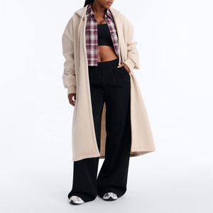 Manteau long en polaire surdimensionné à capuche pour femme, sur mesure, beige, chaud, style trench-coat, ouvert sur le devant, vente en gros - Product Image 1