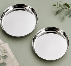 Assiette de service ronde moderne en acier inoxydable, vaisselle en métal poli pour la cuisine - Product Image 3