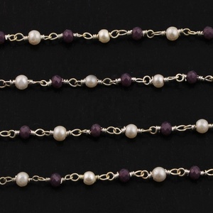 Chaîne de perles rondes en pierre précieuse hydro-perle violette, plaquée argent 925, pour la fabrication de bijoux, avec corail rouge et perle naturelle, en sac OPP, vente en gros - Product Image 2