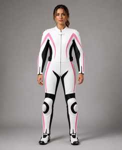 Women Full Sleeve Leather Motorcycle Racing <b>Suit</b> <b>White</b> Pink Black Color Blocked All Seasons Protective Gear - Product Image 1