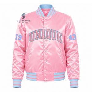Chaqueta Universitaria Rosa de Satén para Mujer Gamma Phi Delta con Botones a Presión, Letras Griegas Bordadas, Cuello y Puños de Punto a Rayas, Ropa Universitaria - Product Image 1