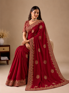 Vexotrend Indian Designer Women's Velvet <b>Satin</b> <b>Saree</b> Beautiful Patola Design Traditional Style Wedding Party Wear Wrinkle-Free - Product Image 1