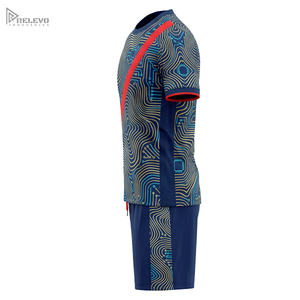 Conjunto de Uniforme de Fútbol Personalizado por Sublimación, 100% Poliéster, con Cuello y Cinta Circundante, Camiseta y Pantalones Cortos para Hombre, Franja Diagonal Azul Marino y Roja - Product Image 3