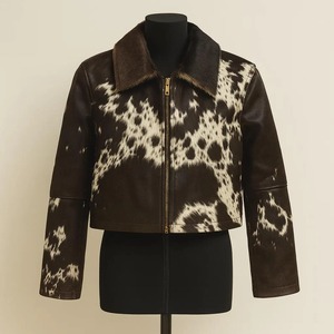 <b>Mens</b> Cowhide Leather Real Fur Skin Biker <b>Jacket</b> Black White Cow Asymmetrical Zip Moto <b>Jacket</b> Western Streetwear Coat Wholesale - Product Image 4