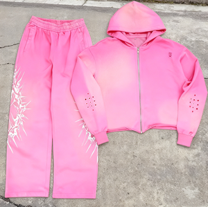 Ensemble de survêtement à capuche dégradé rose avec pantalon long, en polyester respirant blanc, style streetwear décontracté, unisexe adulte, hiver, avec strass - Product Image 1
