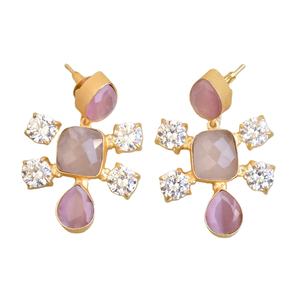 Boucles d'oreilles en laiton en gros, zircon, pierre naturelle brute, design antique, finition en laiton, motif unique de créateur, export en vrac - Product Image 1