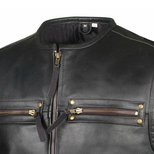 ODM <b>Men's</b> <b>Black</b> Genuine Leather Motorcycle Vest Zipper Front Multi Pocket Biker <b>Waistcoat</b> Sleeveless Casual Custom OEM Supplier - Product Image 3
