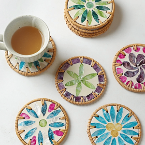 best eco-friendly mother of pearl <b>woven</b> rattan placemats and seagrass <b>coasters</b> round shape chargers for vintage living space - Product Image 1